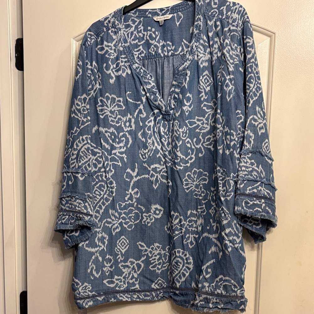 John Mark Denim Blue Floral Blouse